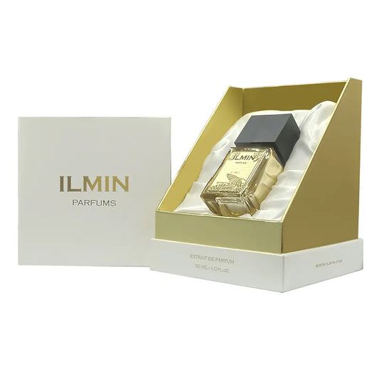 perfume ilmin il awa en frasco azul oscuro con diseño geométrico y tapa plateada