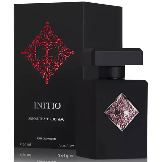 perfume initio absolute aphrodisiac en frasco negro con detalles dorados y tapa magnética