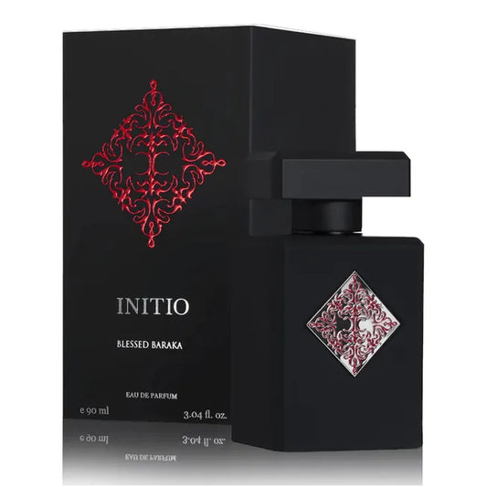 perfume initio blessed baraka en frasco negro con detalles dorados y tapa magnética