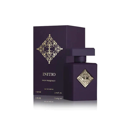 perfume initio high frequency en frasco negro con detalles azules eléctricos