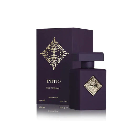 perfume initio high frequency en frasco negro con detalles azules eléctricos