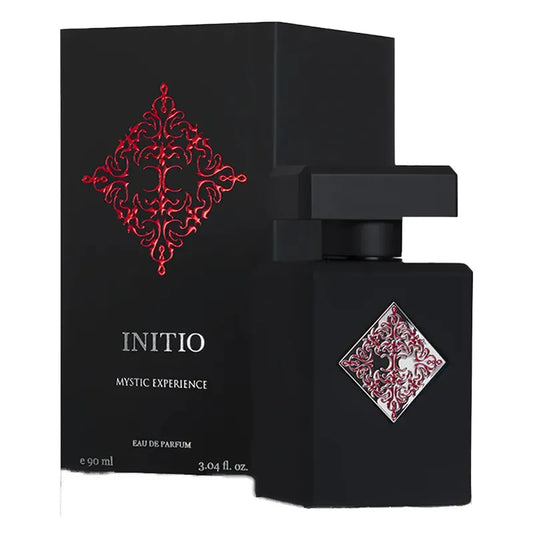 perfume initio mystic experience en frasco negro con detalles plateados y efecto humo