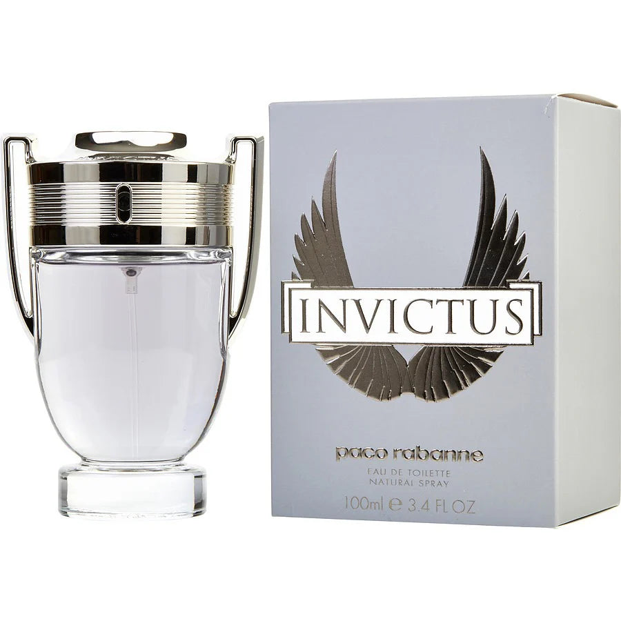 set completo perfume invictus paco rabanne 100 ml edt hombre con frasco trofeo y caja elegante para fotografía de producto