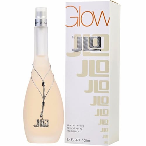 perfume jennifer lopez glow de 100 ml para mujer con diseño minimalista y tapa plateada sobre fondo blanco dorado