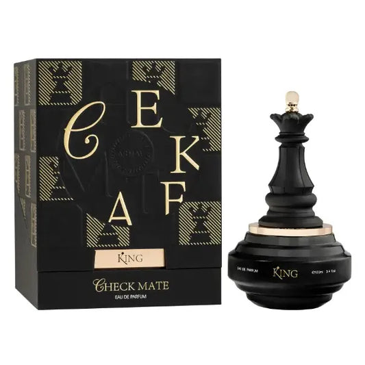 Botella negra premium de perfume King Armaf para hombre con detalle dorado y diseño elegante

