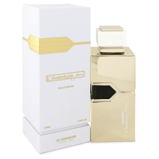 Botella dorada  L´Aventure Femme Al Haramain 200ml con diseño elegante y detalles plateados