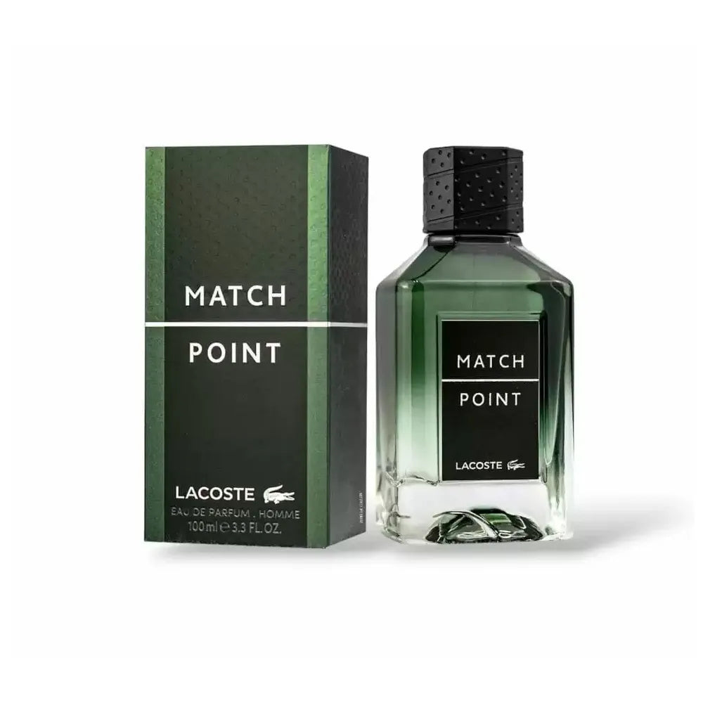 Botella verde Lacoste Match Point EDP 100ml con diseño de pelota de tenis y logo blanco