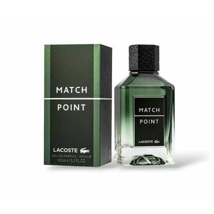 Botella verde Lacoste Match Point EDP 100ml con diseño de pelota de tenis y logo blanco