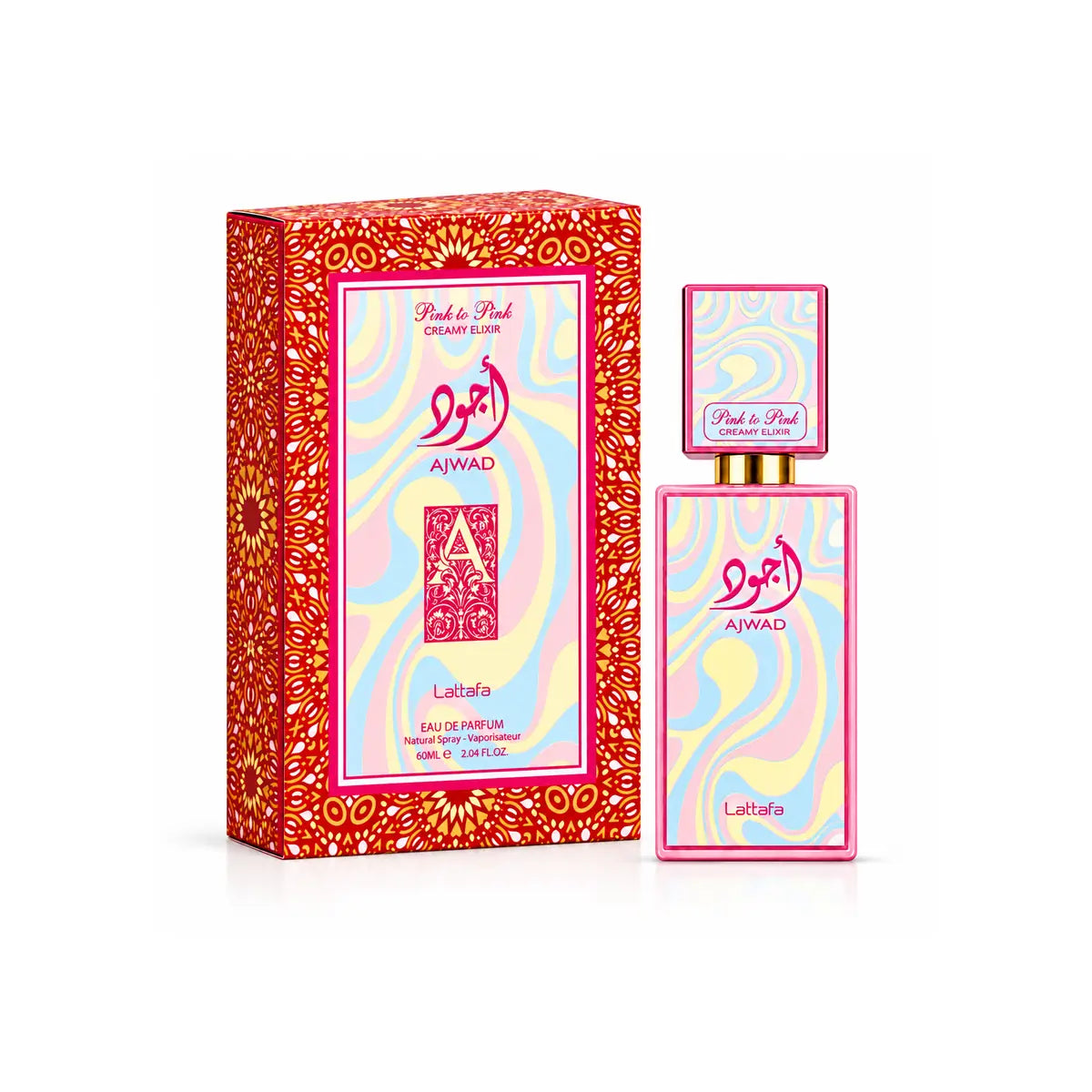 caja y frasco originales de lattafa ajwad pink to pink creamy elixir edp 60 ml