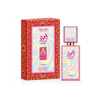 caja y frasco originales de lattafa ajwad pink to pink creamy elixir edp 60 ml