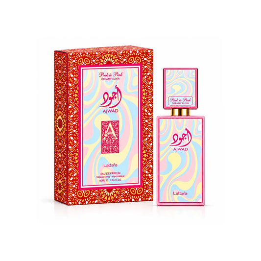 caja y frasco originales de lattafa ajwad pink to pink creamy elixir edp 60 ml