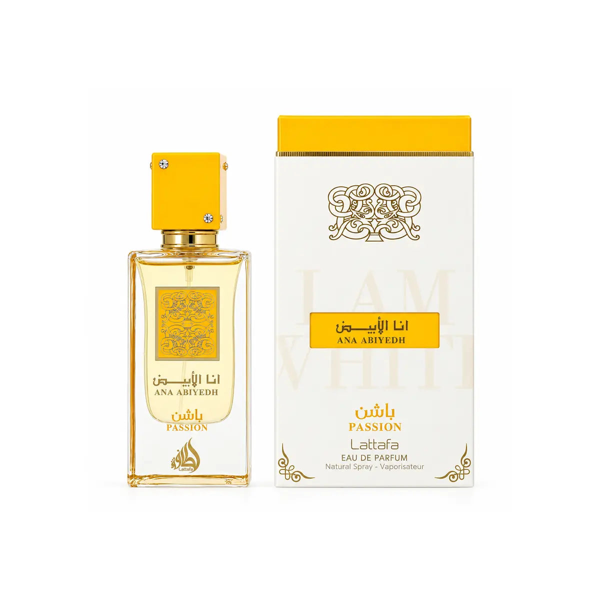 perfume lattafa ana abiyedh passion edp 60 ml con caja y frasco