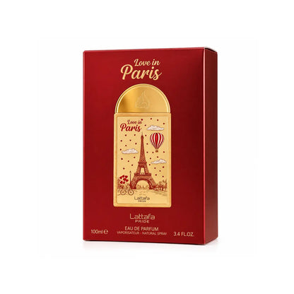 perfume lattafa love in paris edp 100 ml con notas de manzana caramelizada, ámbar y haba tonka