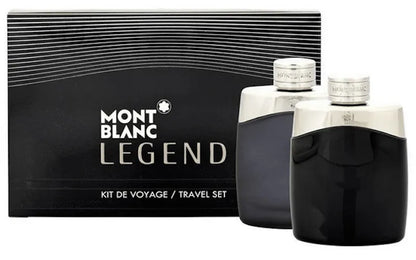 Botella negra elegante de perfume Legend Montblanc con icónico emblema blanco en el frente
