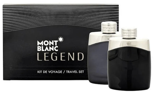 Botella negra elegante de perfume Legend Montblanc con icónico emblema blanco en el frente
