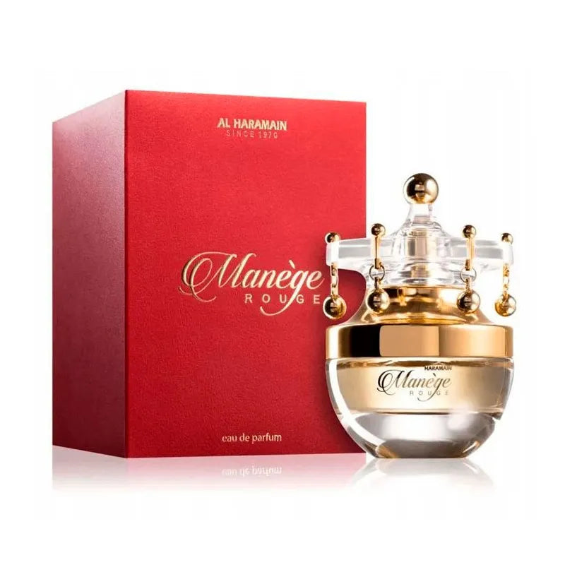 Botella roja del perfume Manège Rouge Al Haramain 75ml EDP con diseño elegante y sofisticado