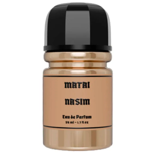 Botella elegante del perfume Matai Nasim 50ml EDP con diseño minimalista y tonos tierra