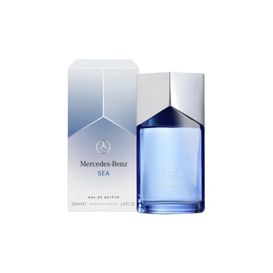 Botella azul turquesa del perfume Mercedes-Benz Sea 100ml EDP con diseño inspirado en el océano