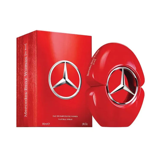 Botella roja del perfume Mercedes-Benz Woman In Red 90ml EDP con diseño elegante y sofisticado