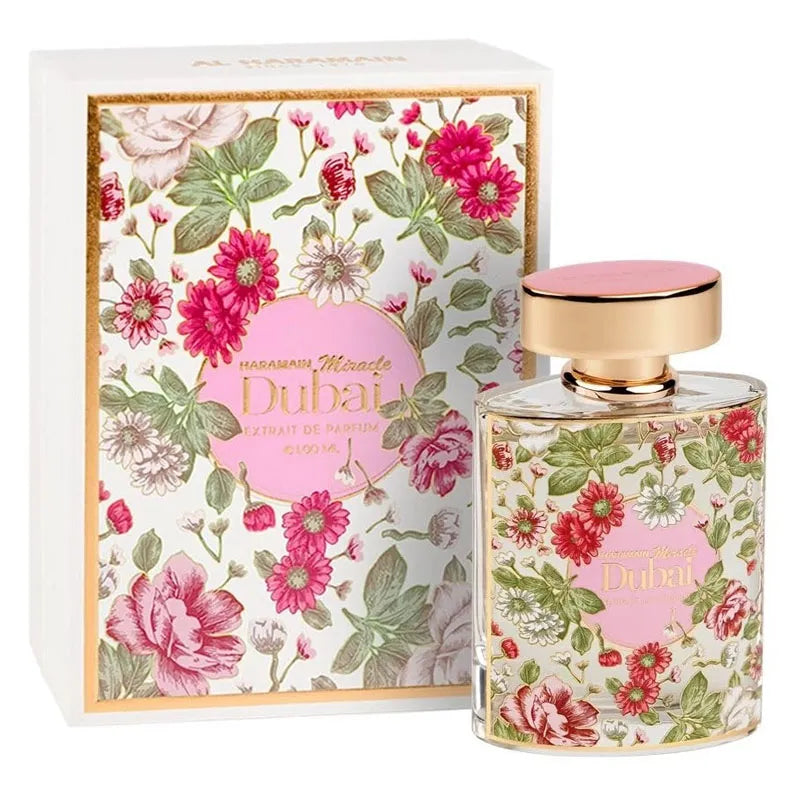 Botella dorada del perfume Miracle Dubai Haramain Extrait de Parfum 100ml con diseño árabe