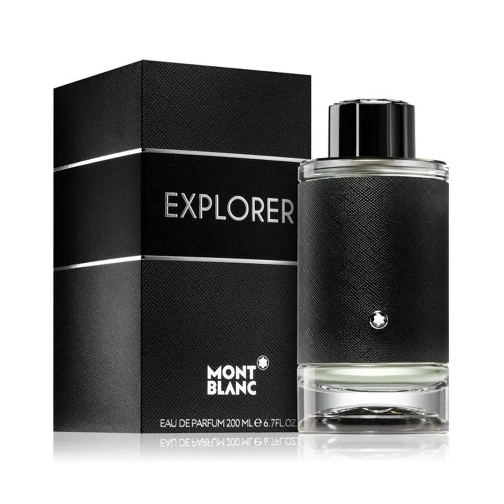 Botella negra Mont Blanc Explorer EDP 200ml con detalle de pico de montaña blanco