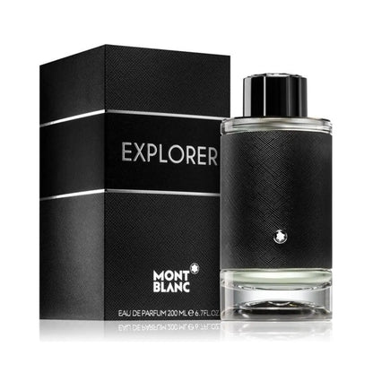 Botella negra Mont Blanc Explorer EDP 200ml con detalle de pico de montaña blanco