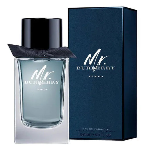 Botella azul Mr Burberry Indigo EDT 150ml para hombre con capucha de gabardina
