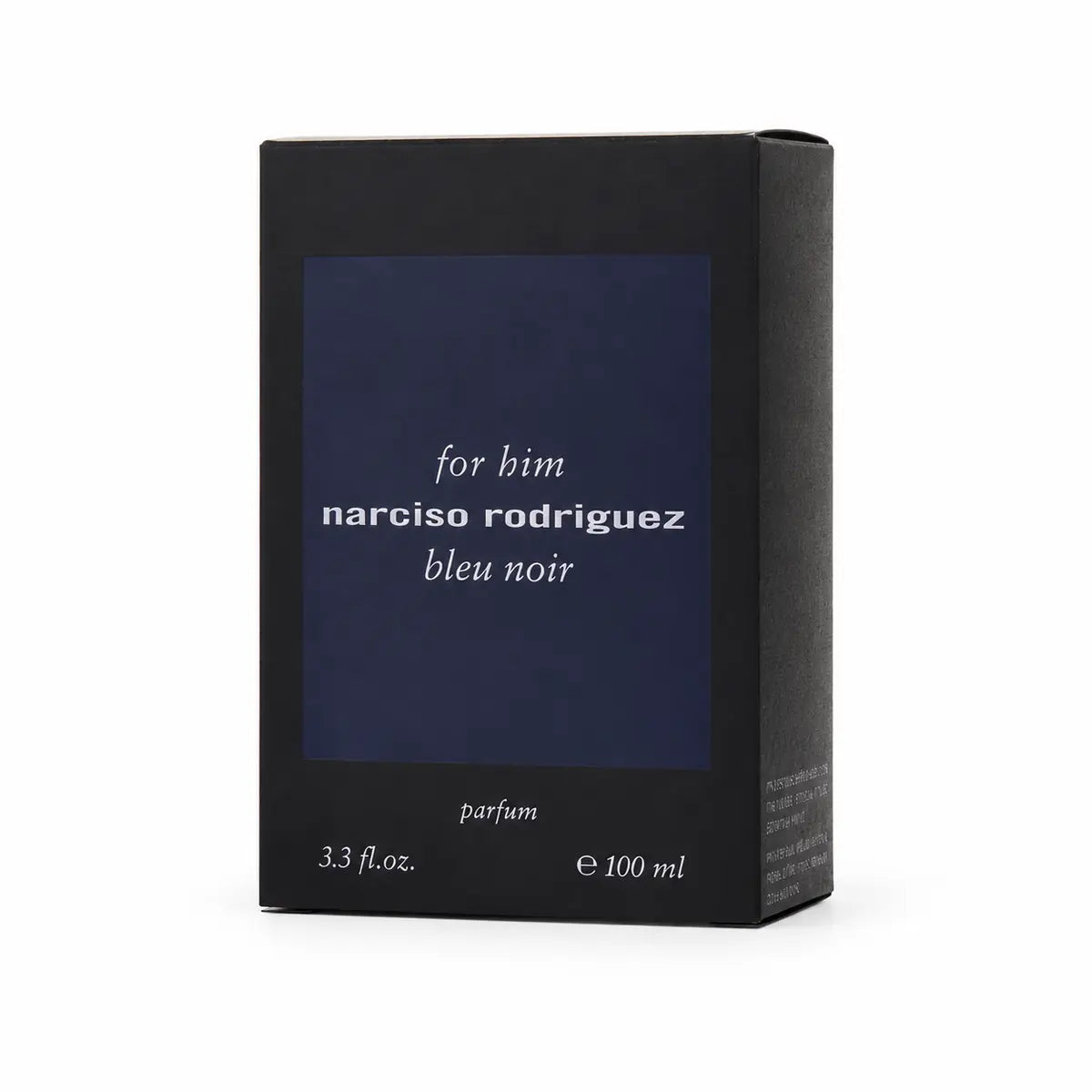 caja original de perfume narciso rodriguez bleu noir parfum 100 ml sobre fondo blanco