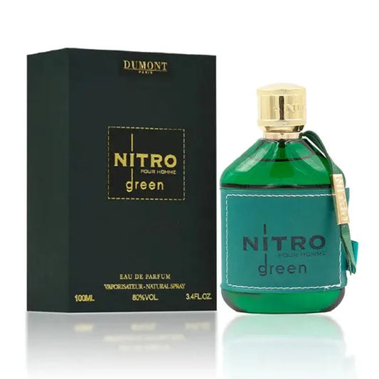 Botella verde de perfume Nitro Green Dumont EDP 100ml con detalles plateados