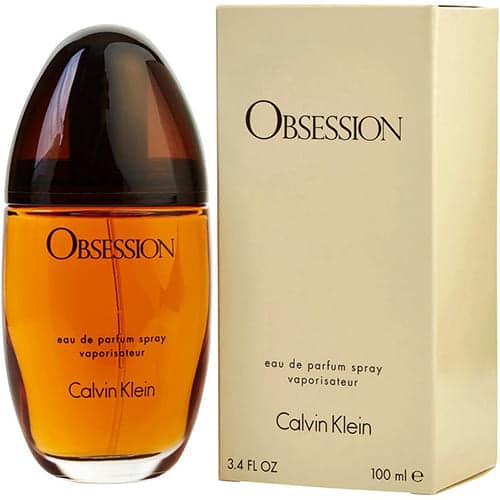 perfume obsession calvin klein para mujer en frasco negro rectangular con logo plateado