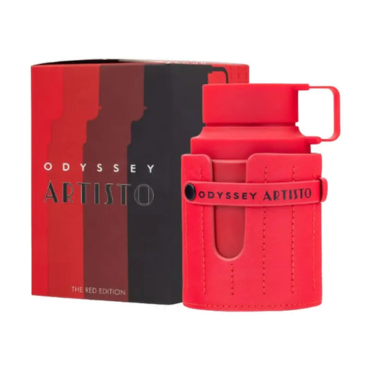 Botella roja artística de perfume Odyssey Artisto Red Edition con diseño escultural moderno
