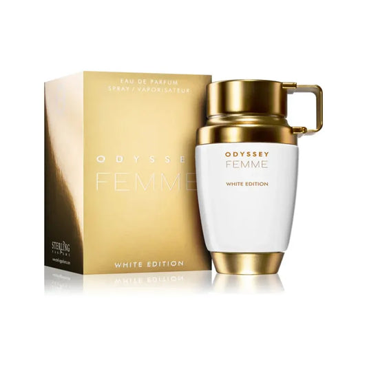 Botella blanca premium de perfume Odyssey White Femme con detalles plateados y diseño moderno

