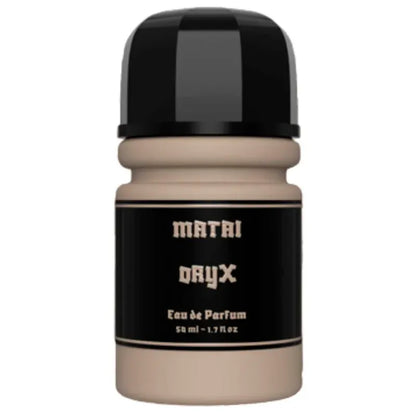 Botella negra del perfume Oryx Matai 50ml EDP con diseño rústico y elegante