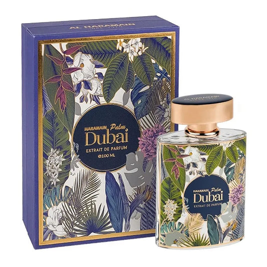 Botella dorada de perfume Palm Dubai Haramain Extrait De Parfum 100ml con diseño elegante