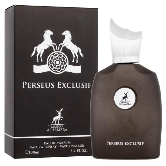Botella negra perfume Perseus Exclusif Maison Alhambra 100ml para hombre con acabados dorados