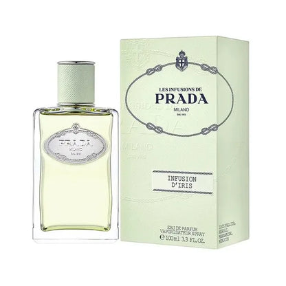 Botella rectangular transparente Prada Infusion Diris 100ml EDP con detalles blancos