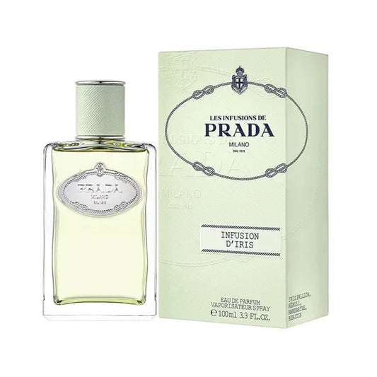 Botella rectangular transparente Prada Infusion Diris 100ml EDP con detalles blancos