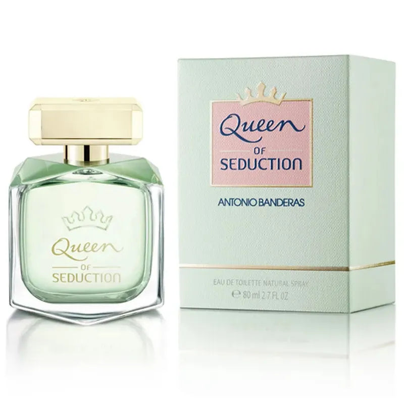 Botella negra Queen Of Seduction Antonio Banderas 80ml con corona dorada y detalles rojos