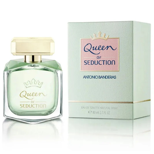 Botella negra Queen Of Seduction Antonio Banderas 80ml con corona dorada y detalles rojos