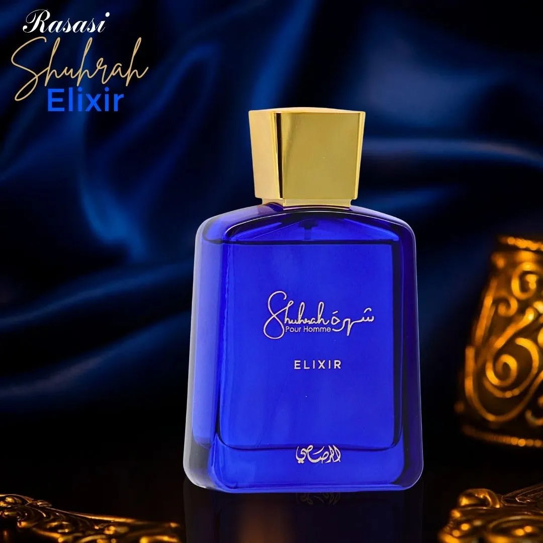 presentación del perfume Shuhrah Elixir Rasasi para hombre