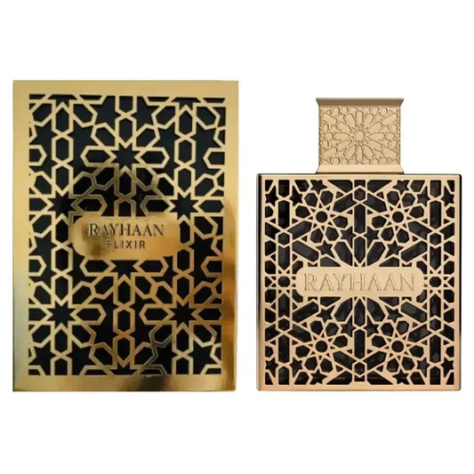 Botella negra perfume Rayhaan Elixir EDP 100ml para hombre con detalles dorados
