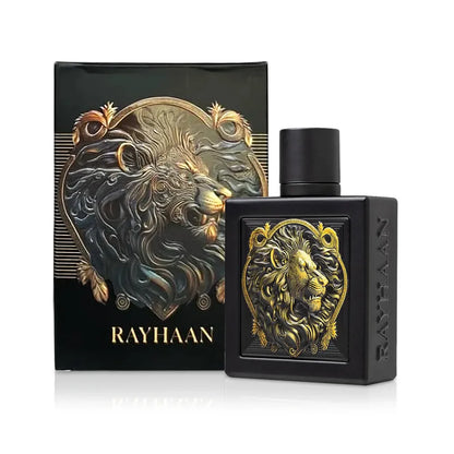 Botella negra Rayhaan Lion EDP 100ml con detalles dorados y textura de piel de león
