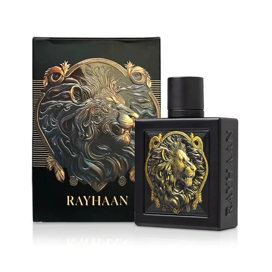 Botella negra Rayhaan Lion EDP 100ml con detalles dorados y textura de piel de león