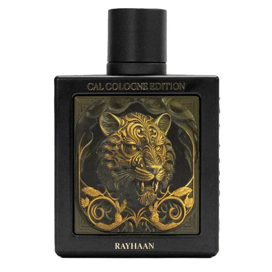 Botella negra perfume Rayhaan Tiger EDP con detalles dorados y efecto rugoso