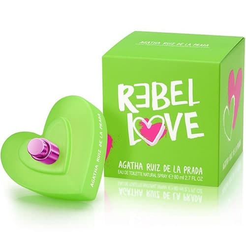 fragancia femenina rebel love agatha ruiz de la prada eau de toilette 80ml con diseño llamativo y notas dulces y vibrantes
