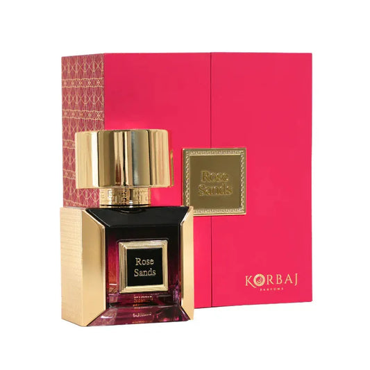 Botella transparente perfume Rose Sands Korbaj EDP 100ml unisex con arena y rosa en interior