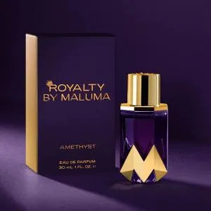 presentación completa del perfume royalty amethyst maluma 75 ml junto a su caja original en tonos púrpura y dorado