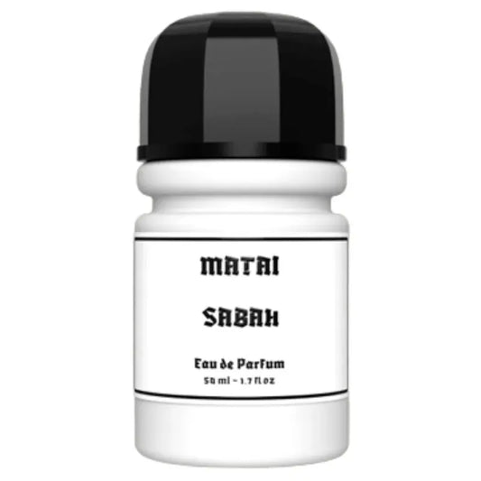 Botella transparente del perfume Sabah Matai 50ml EDP con tonos dorados y diseño moderno