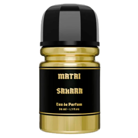 Botella ámbar del perfume Sahara Matai 50ml EDP con diseño desértico y elegante