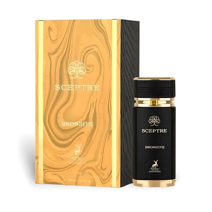Botella marrón oscuro perfume Sceptre Bronzite Maison Alhambra 100ml con detalles dorados